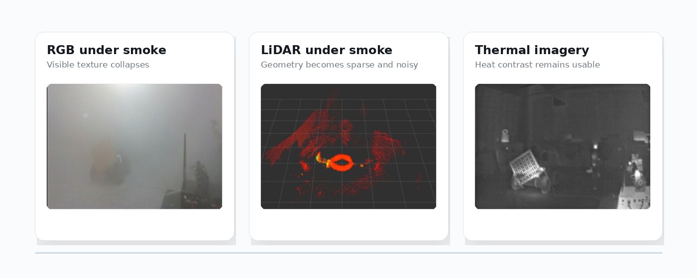 Fireground sensing background showing smoke, thermal imagery, and radar mapping